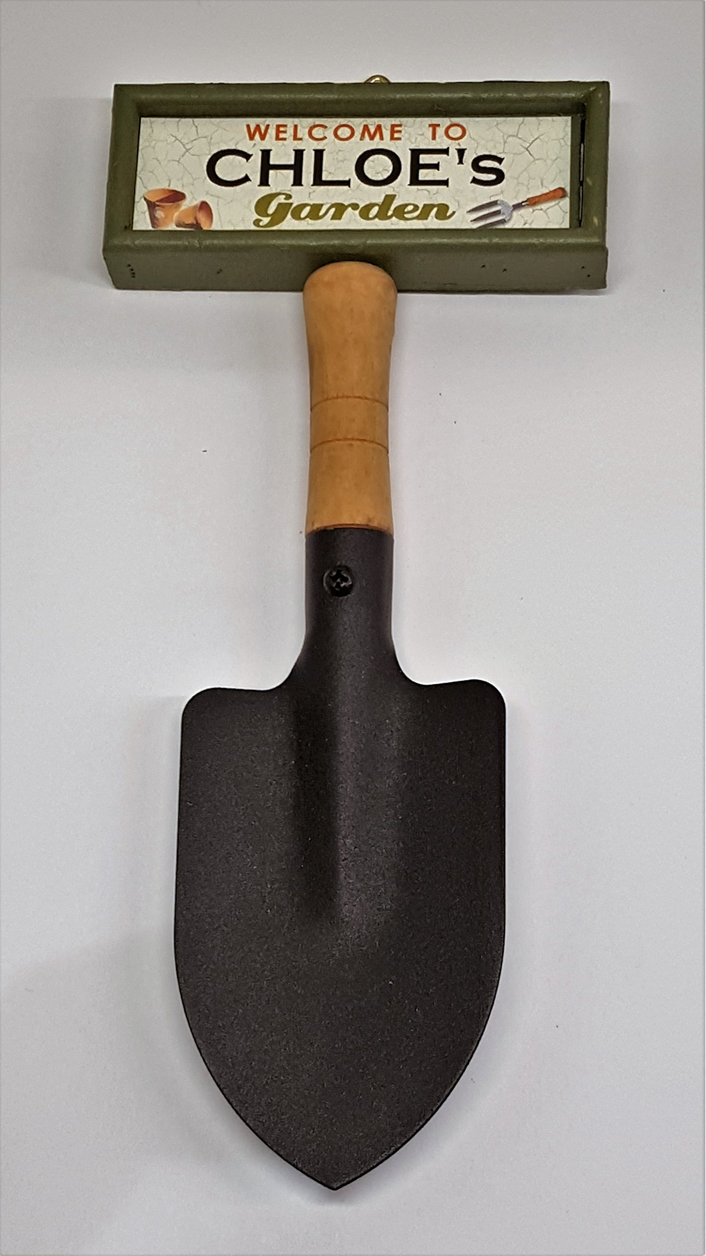 "Welcome to Chloe's garden" hanging shovel sign