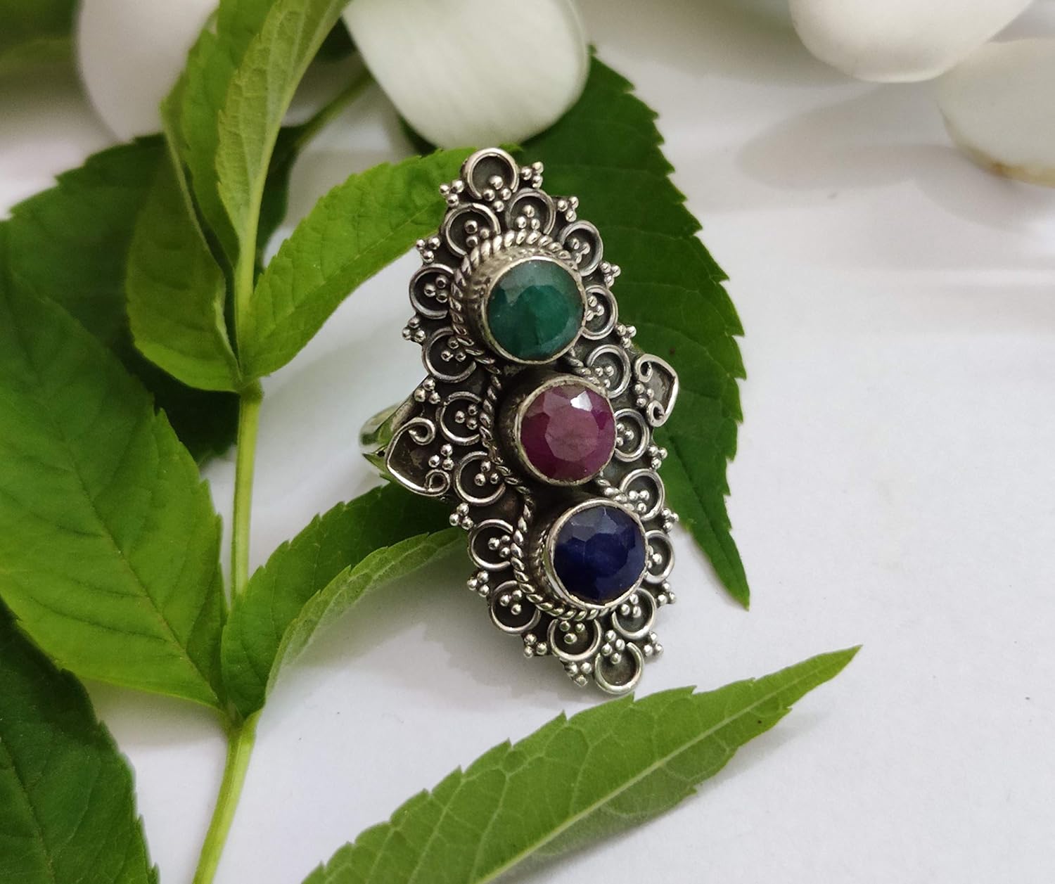 Amazon Com Sapphire Ruby Emerald Ring 925 Sterling Silver Long Ring Antique Ring Statement Ring Vintage Design Unique Ring Boho Ring Multi Birthstone Prong Ring Engagement Ring Designer Ring Handmade
