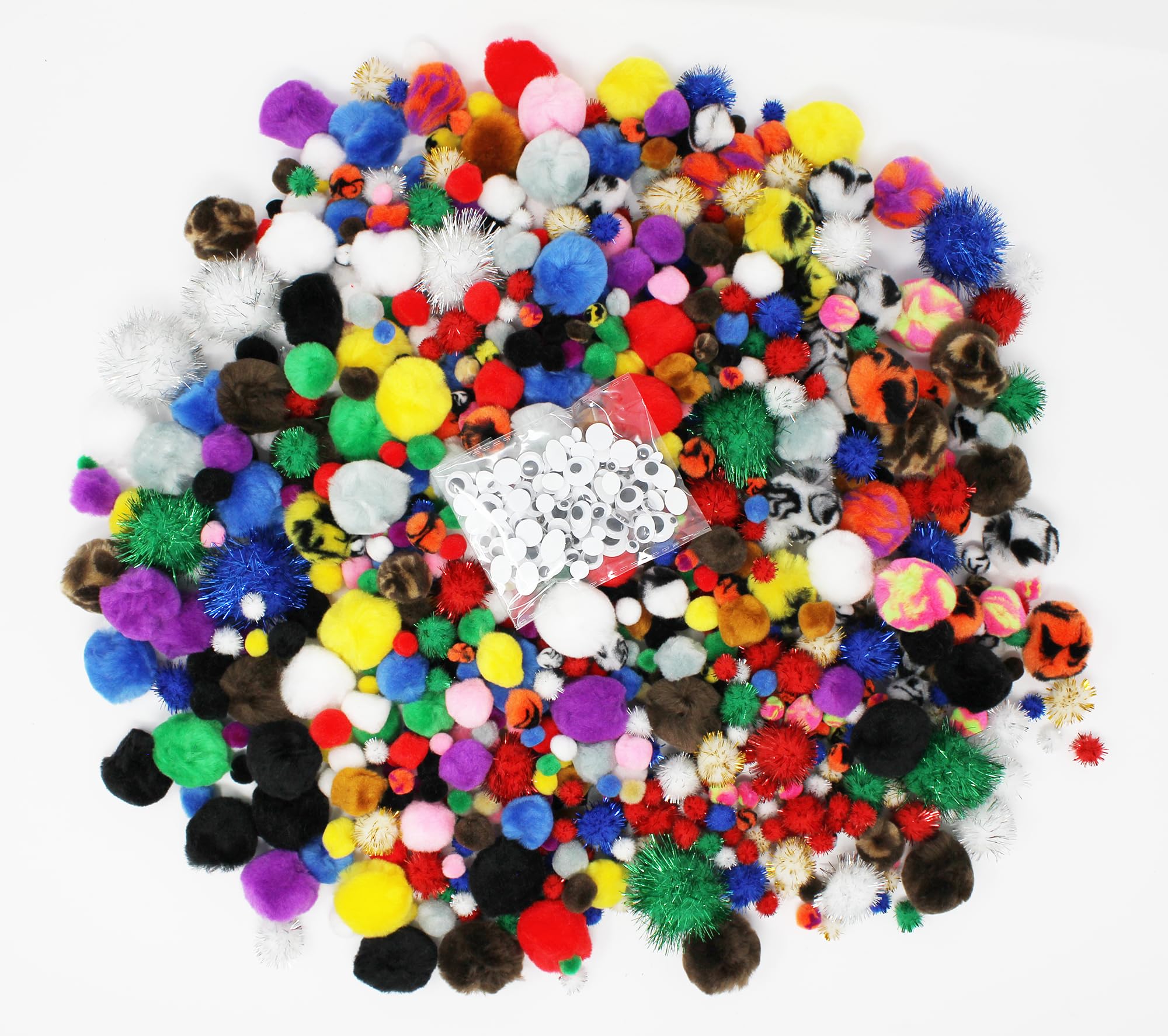 Bright Ideas Bumper Pompoms. Assorted Colours, Styles and Sizes. Pack of 200g (2000pcs) with 100pcs Wiggle Eyes for Kids Crafts, Arts & Crafts and for DIY Creative Crafts Decorations. BI8030.