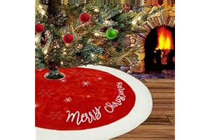 Artmag Merry Christmas Tree Skirt 36 inches Large Luxury Faux Fur White Red Tree Skirt with Snowflake Double Layers Soft Tree