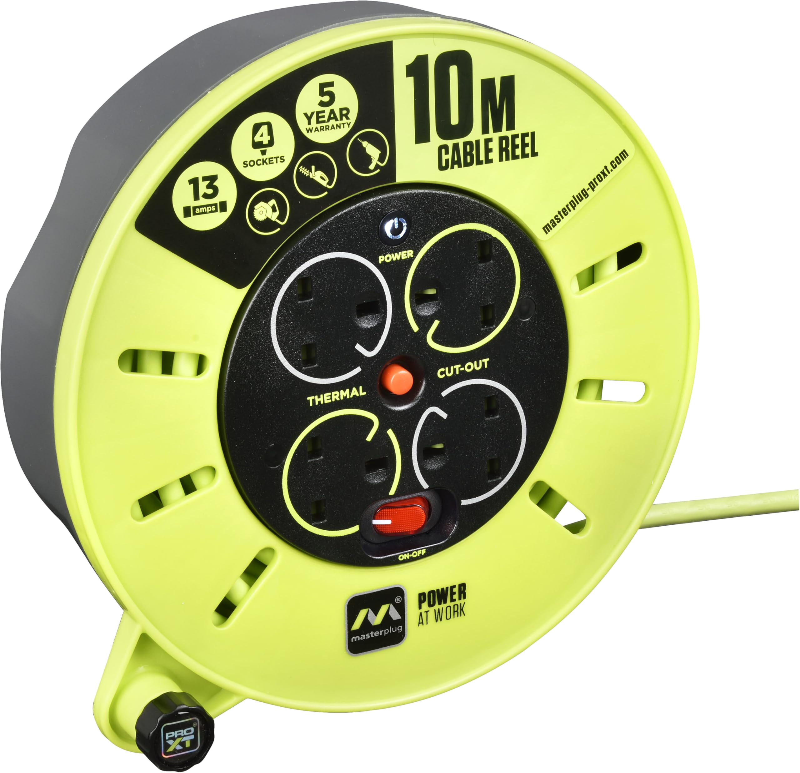 Masterplug Four Socket, 10 Metre Premium Cassette Reel, Medium Cable Extension Reel, Thermal Cut-Out & Power Indicator, Heavy Duty, Pro-XT, Grey/Green, 13A, 4G, 10m, CMU10134SL