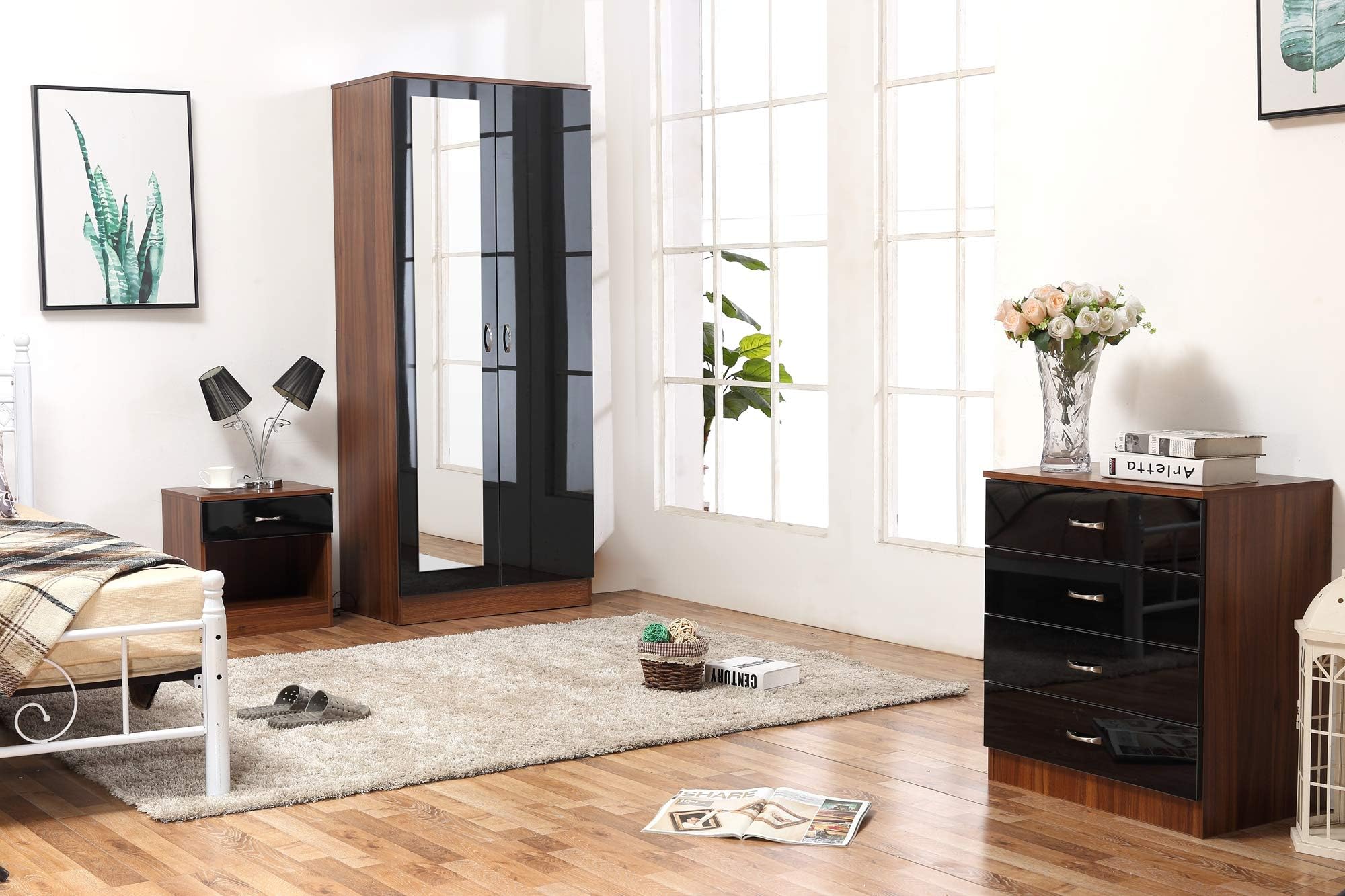 Harmin Ltd HIGH GLOSS 3 Piece Bedroom Furniture Set - Includes Soft Close Wardrobe, 4 Drawer Chest & Bedside Cabinet (Walnut on Black)