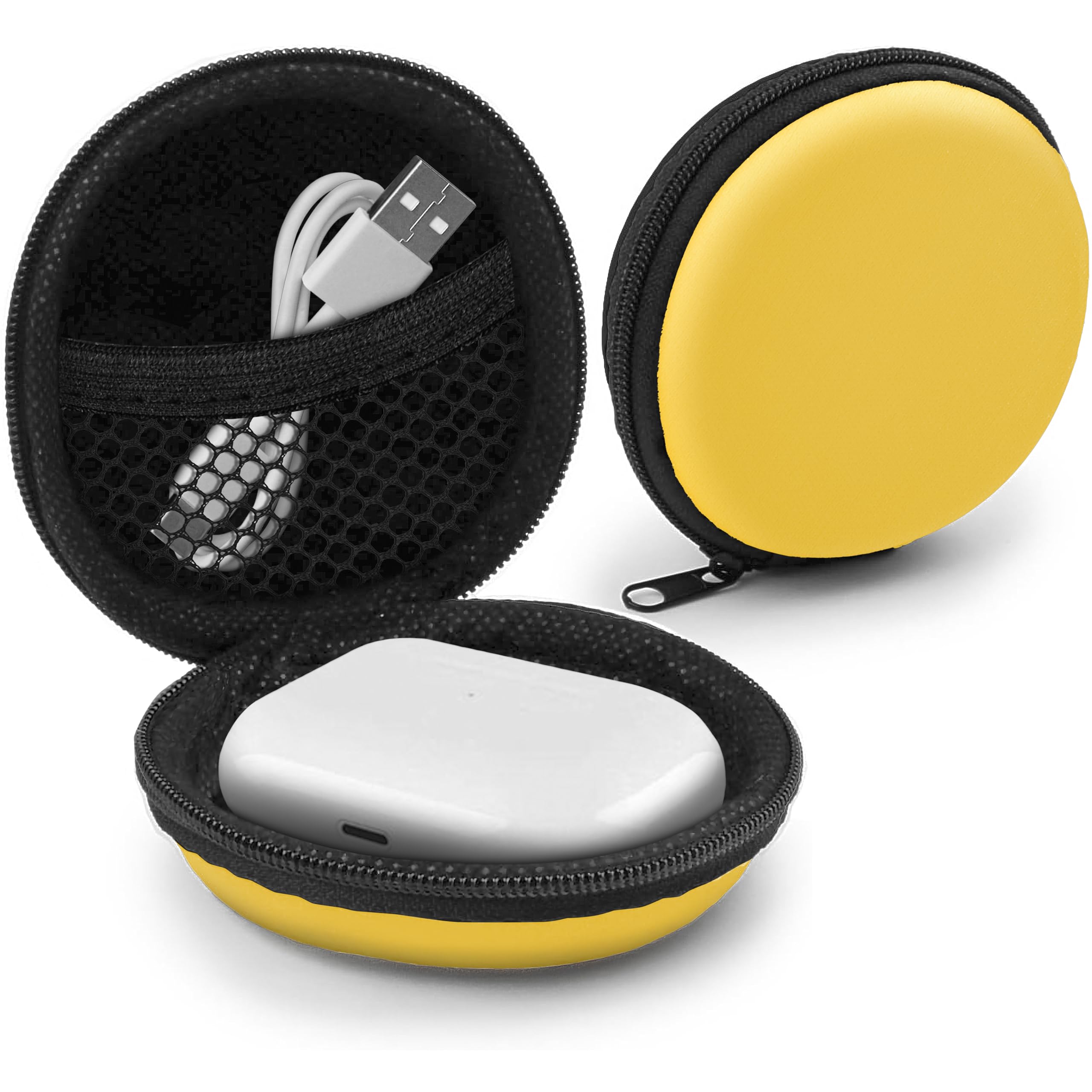 MyGadget Portable Carrying Hard Case for Earphones - Small protective Storage Box with Mesh Pocket - Bag for Headphones, Earbuds, USB Sticks - Yellow