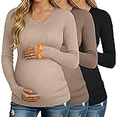 Velvelhall 3 Pack Women's Maternity Shirts Fleece Long Sleeve V Neck Ribbed Pregnancy Tops Slim Fit Base Layer Mama Clothes