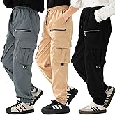 LIUNLU 3 Pack Boys Cargo Joggers Pants Elastic Waist Casual Jogging Trousers Bottom for Kids 7-13 Years