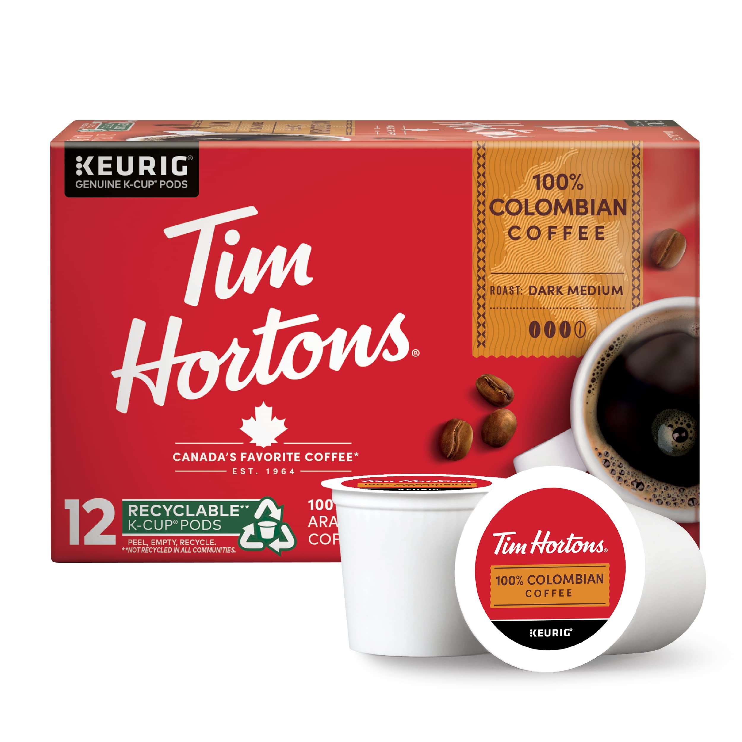 Photo 1 of Tim Hortons 100% Colombian, Medium Dark Roast Coffee, Single-Serve K-Cup Pods Compatible with Keurig Brewers, 12ct K-Cups, Red