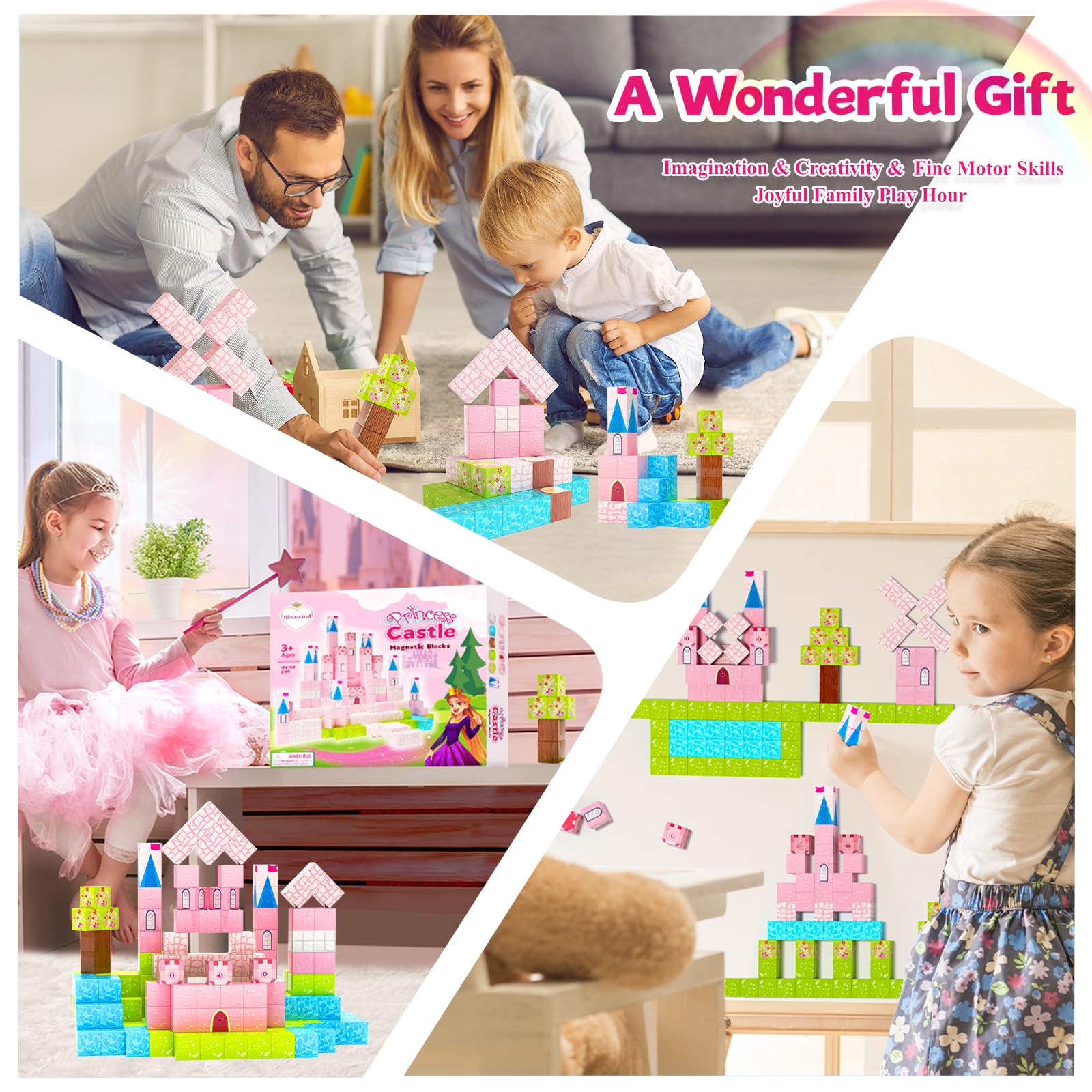 Hiwawind 64 Pcs Magnetic Blocks-Princess Castle Collection World,Magnetic Building Blocks for 3+ Year Old Boys & Girls, Creative STEM Sensory Toys,Christmas Birthday Gifts for Kids Ages 3-8
