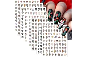 SHUXILIN 8Sheets Colorful Skull Halloween Nail Art Stickers Decals Day of The Dead Sticker Halloween 3D Horror Skull Head Design Self-Adhesive Nail Decals Multi-Design Skull Pattern Manicure Stickers for Women
