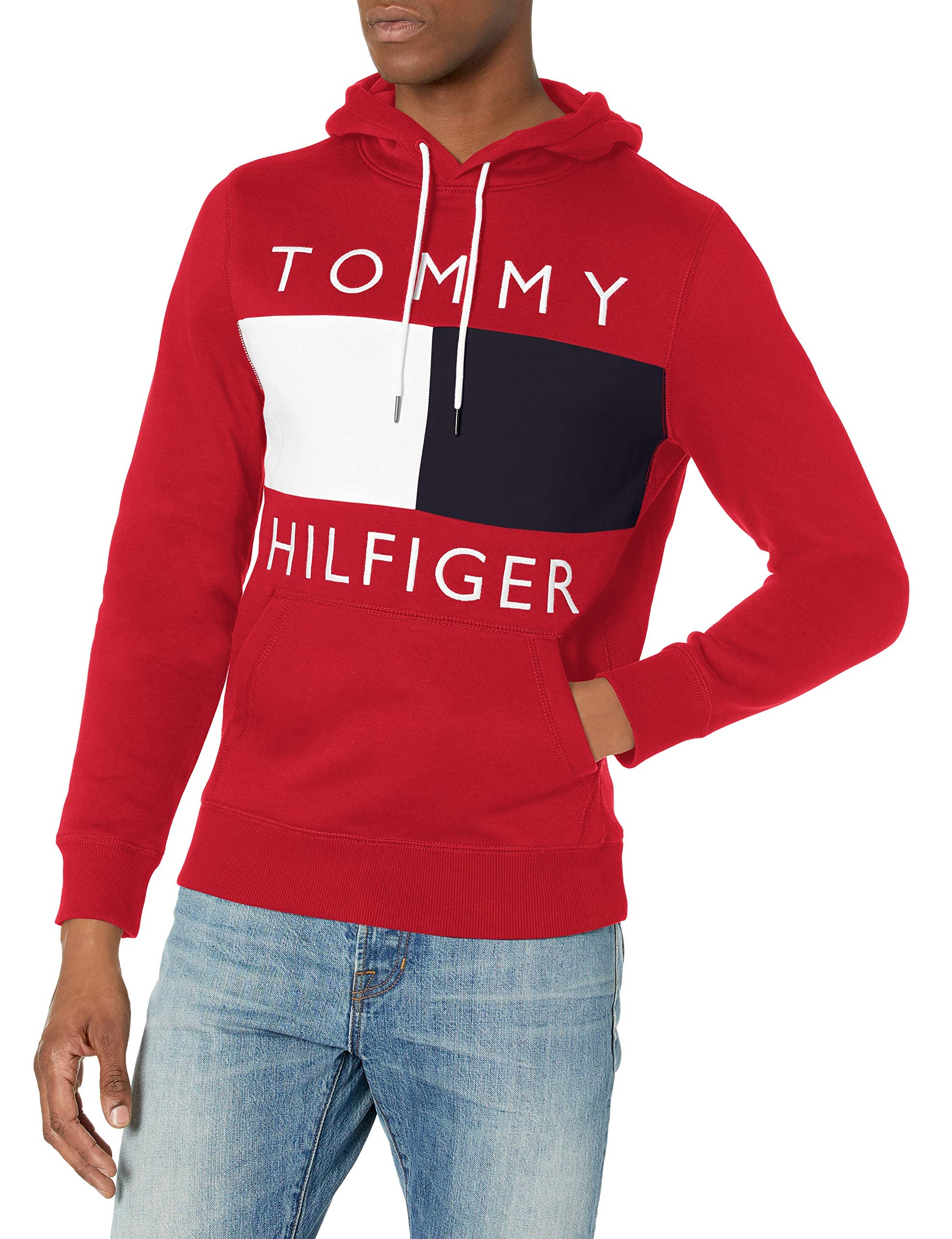 Tommy Hilfiger Mens Long Sleeve Fleece Flag Pullover Hoodie Sweatshirt, Apple Red, Small US Image