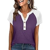 ANRABESS Womens Tops Short Sleeve Henley Shirts Summer V Neck Color Block Tunic T Shirts Casual Blouses Work Trendy Clothes