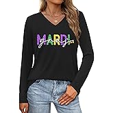 ELDPS Mardi Gras Shirts Women: Fat Tuesday Shirt Carnival Mask Graphic Tee New Orleans Party Long Sleeve V Neck Top