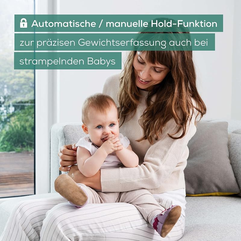 BY 90 Babywaage mit kostenloser App (iOS + Android) integriertes Maßband, 20 kg Tragkraft und Hold-Funktion für stramplende Babys