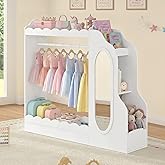 Curipeer Kids Dress Up Storage with Mirror, Bookshelf &amp; Toy Storage, Scalloped Design Princess Closet for Little Girls, Kids Dress Up Rack, Open Hanging Armoire Wardrobe for Bedroom, Playroom, White