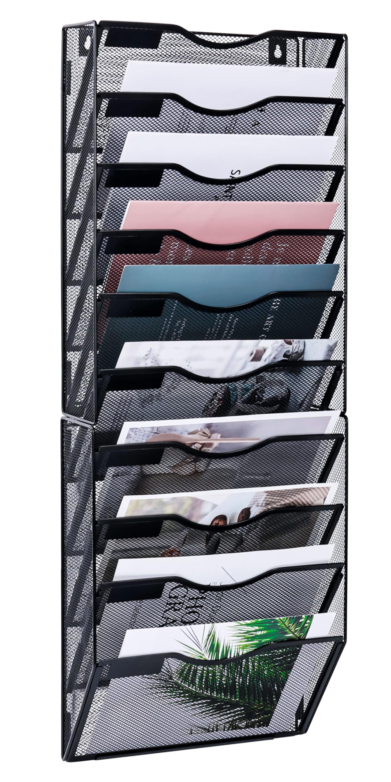 TQVAI 10 Pockets Wall File Holder, Mesh A4 Wall Mounted Document Holder, Hanging Wall Magazine Storage Rack, Desk Stationary Tidy Organiser in Tray for Office School Accessories, Black