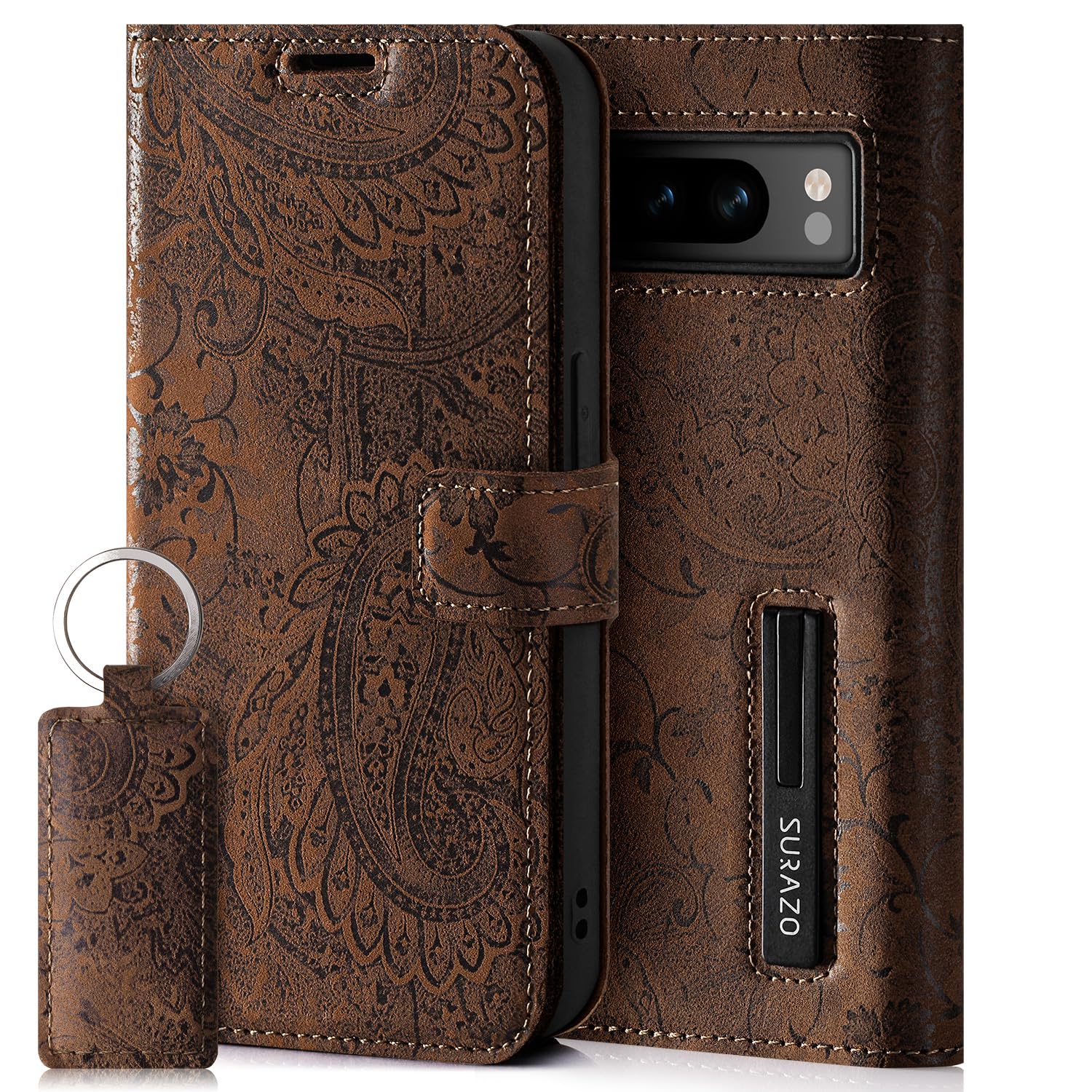 Surazo Leather Wallet Mobile Phone Case Compatible with Google Pixel 8 Pro - Flip & Fold Smartphone Case with Stand, RFID Blocker, Magnet Closure, 3 Slots for Bank Cards - Handcrafted European Leather