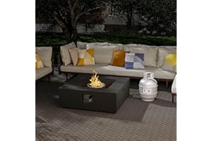 SUNBURY Outdoor Fire Pit, 35" Square Propane Gas Patio Fire Table 50,000 BTU Concrete Travertine Design, CSA Certified, Low Firepit Table with Lava Rocks, Waterproof Cover (Grey)