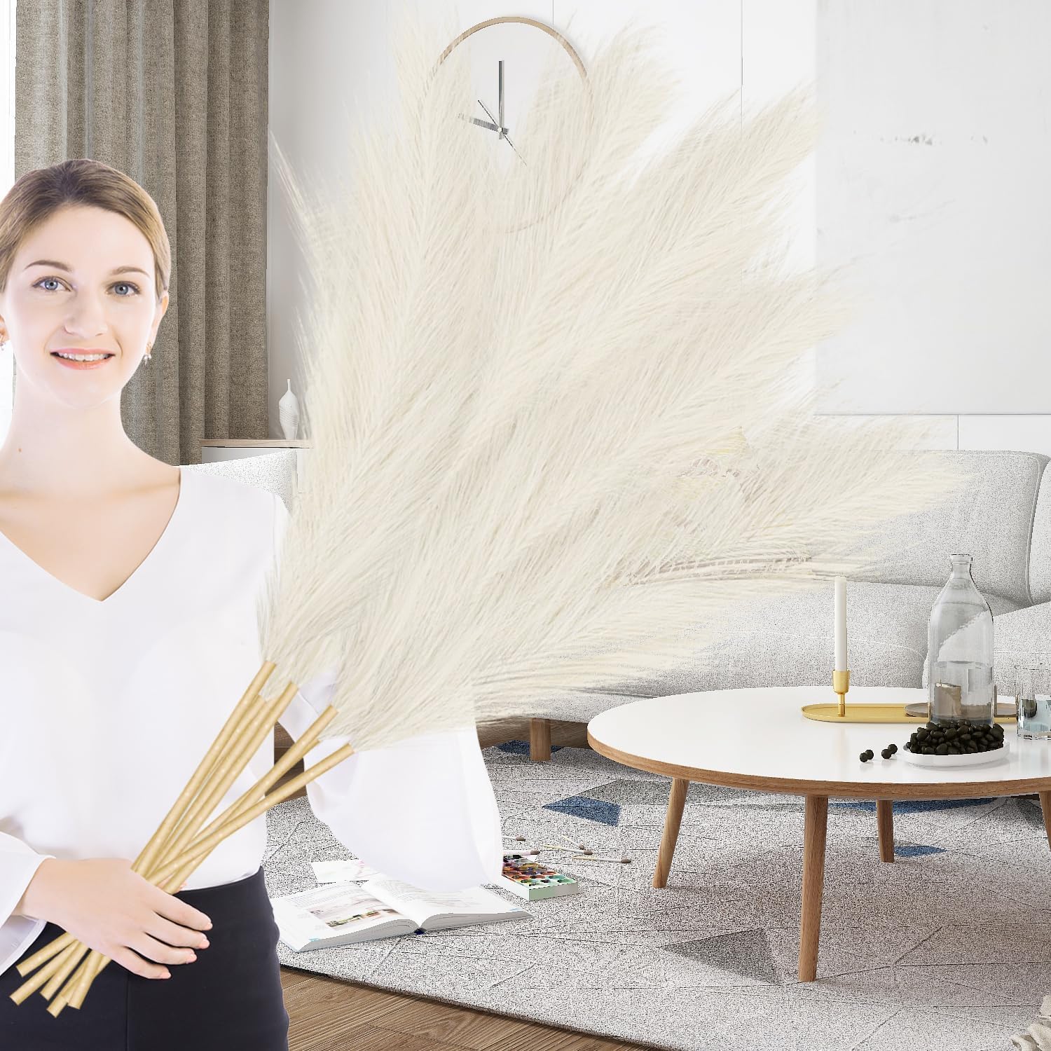 Duscdesp 43"/110cm Artificial Pampas Grass, 6 Pcs Large Fluffy Tall Grass for Floor Vases, Wedding, Living Room, Bedroom, Home, Boho Decor (Beige)