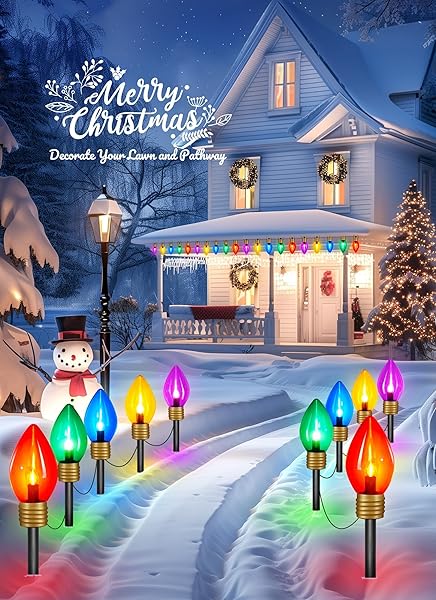 MINETOM JUMBO CHRISTMAS LIGHTS, C9 OUTDOOR PATHWAY MARKER STAKES LIGHTS, 4 PACK 10.5 FEET 5 LED STRING LIGHTS COVERED JUMBO MULTICOLORED LIGHT BULB FOR HOLIDAY OUTSIDE YARD GARDEN WALKWAY DECOR