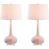 JONATHAN Y 28.5" Pink Glass Teardrop LED Table Lamp Set of 2 for Living Room Bedroom Nightstand, White Linen Shade Modern Tra