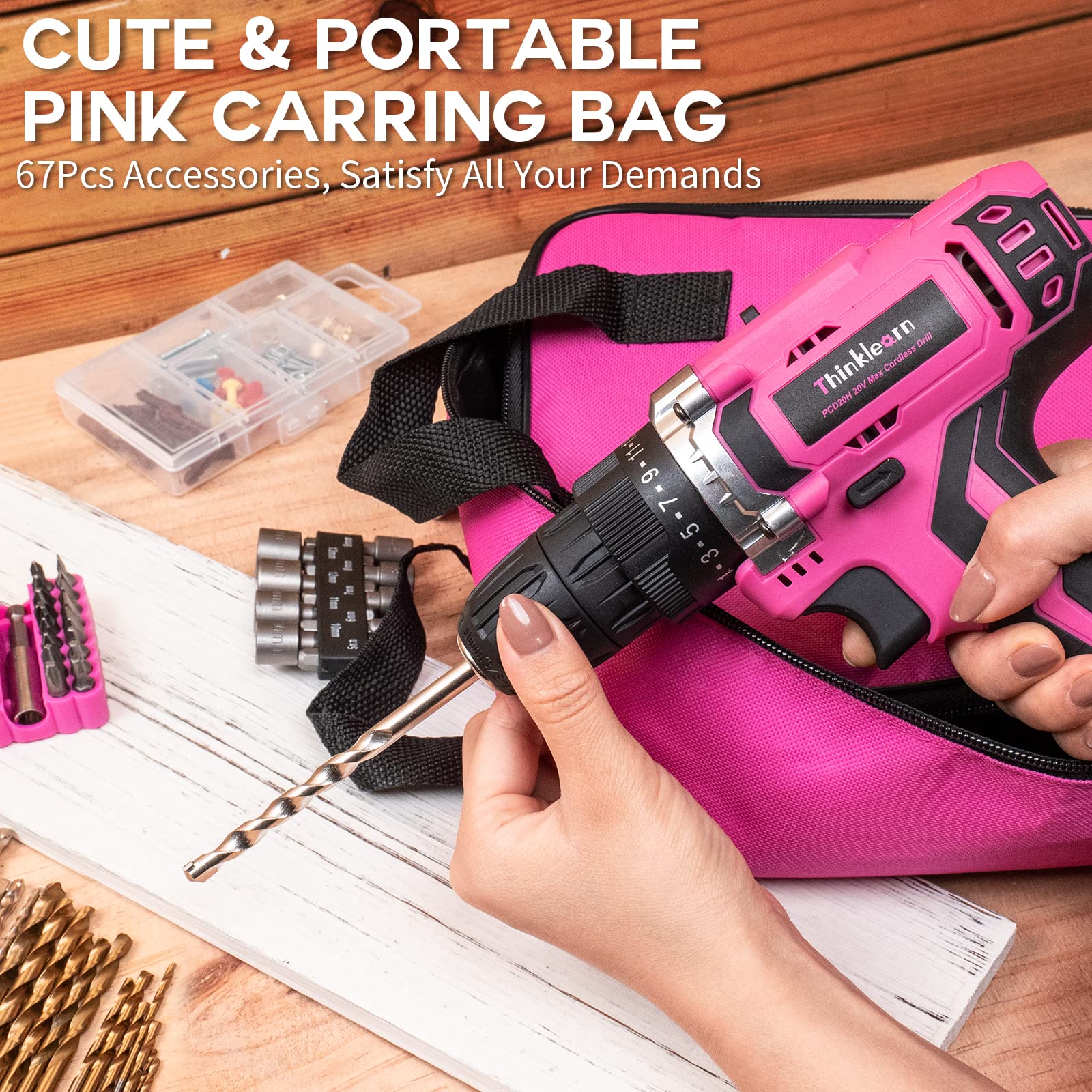 Pink Cordless Drill Set, 20V Lithium-ion Power Drill Set for Women with 67Pcs Driver Bits, 3/8