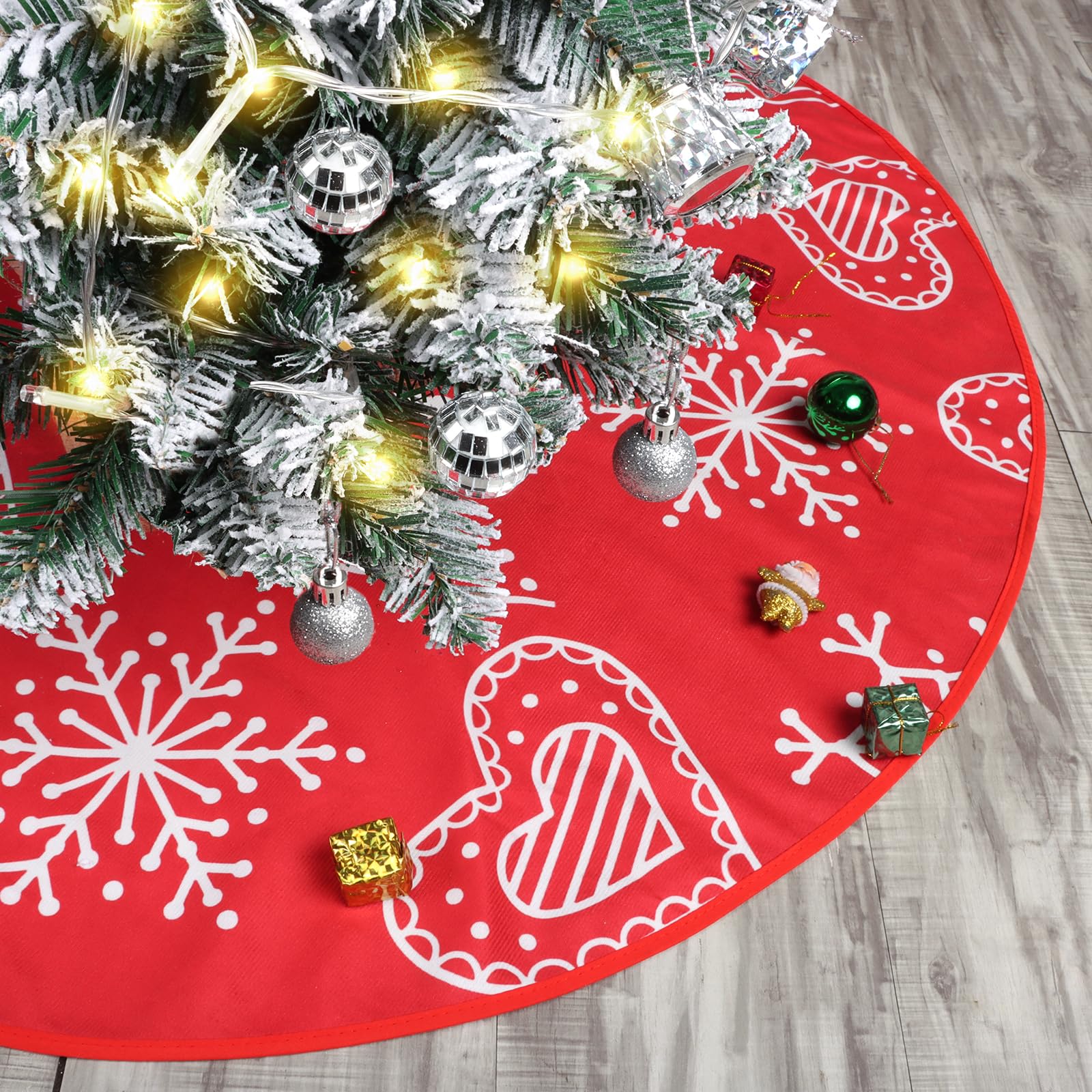 Figarge 90 cm Christmas Tree Blanket, Round Christmas Tree Skirt with Snowflake Pattern, Red