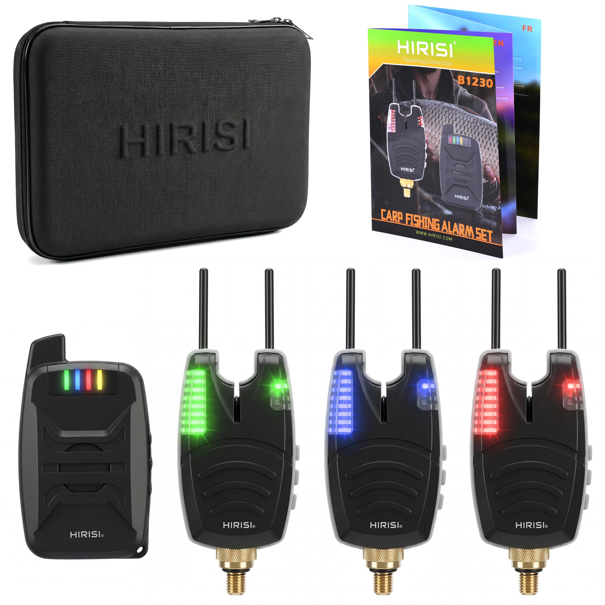 Hirisi Tackle Waterproof Wireless Carp Fishing Bite Alarm Set with Snag Ear Bar 200m (B1230-3)