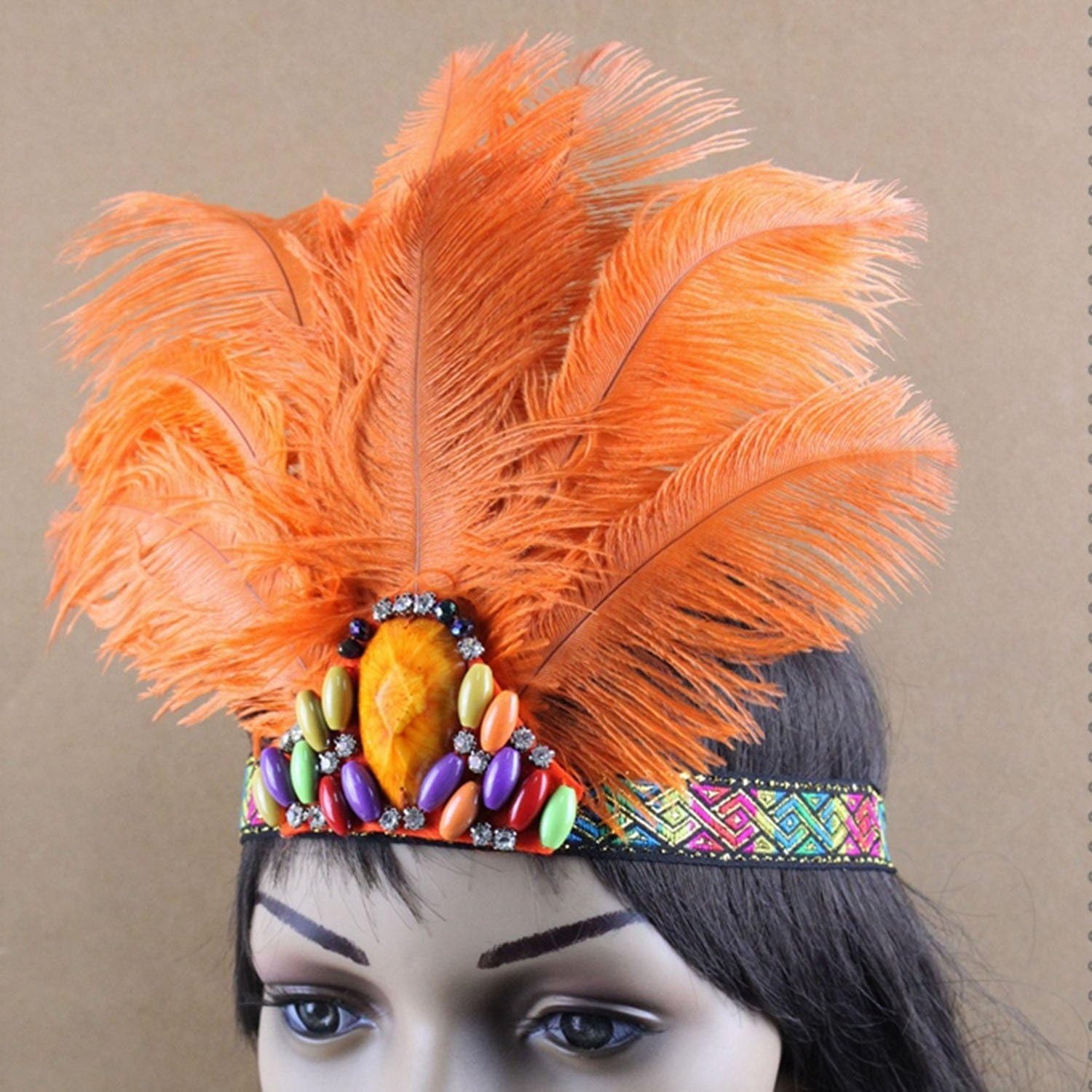 Indian Ostrich Feather Carnival Headband, Women's Handmade Indian Feather Fascinator Headband, Orange, 14*12cm
