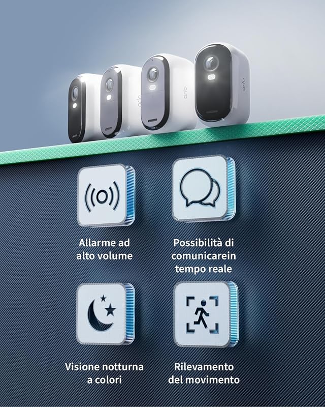 Essential HD Telecamera WiFi Esterno Senza Fili + Pannello Solare, Telecamera WiFi Interno, Sirena Allarme Casa, Sensore Di Movimento, Prova Inclusa Arlo Secure, 3 Telecamere, Bianche