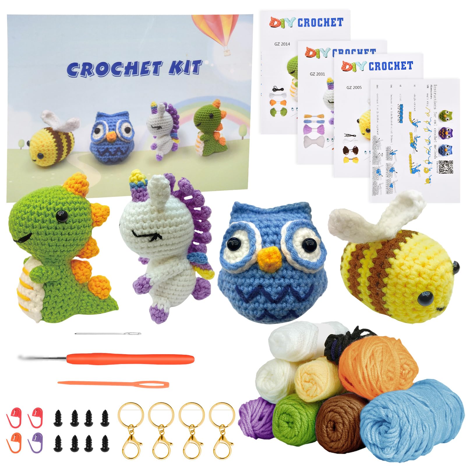 AUAUY Crochet Kit for Beginners, 4PCS Beginner Crochet Animal Kit, Yarn, Eyes, Stuffing, Crochet Hook for Kids and Adults, Crochet Kit with Step-by-Step Video Tutorials, Boys and Girls Birthdays Gift