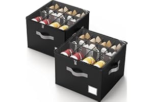 Criusia Shoe Organizer for Closet, Foldable Shoe Storage Organizer with Clear Cover and Sturdy Handles, Fit 12-16 Pairs, Closet Organizer for Shoes Sneakers Sandals Heels, 2 Pack, Black