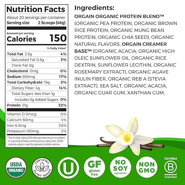 ORGAIN ORGANIC VEGAN PROTEIN POWDER, VANILLA BEAN – 21G PLANT PROTEIN, 6G PREBIOTIC FIBER, NO LACTOSE INGREDIENTS, NO ADDED SUGAR, NON-GMO, FOR SHAKES & SMOOTHIES, 2.03 LB (PACKAGING MAY VARY)