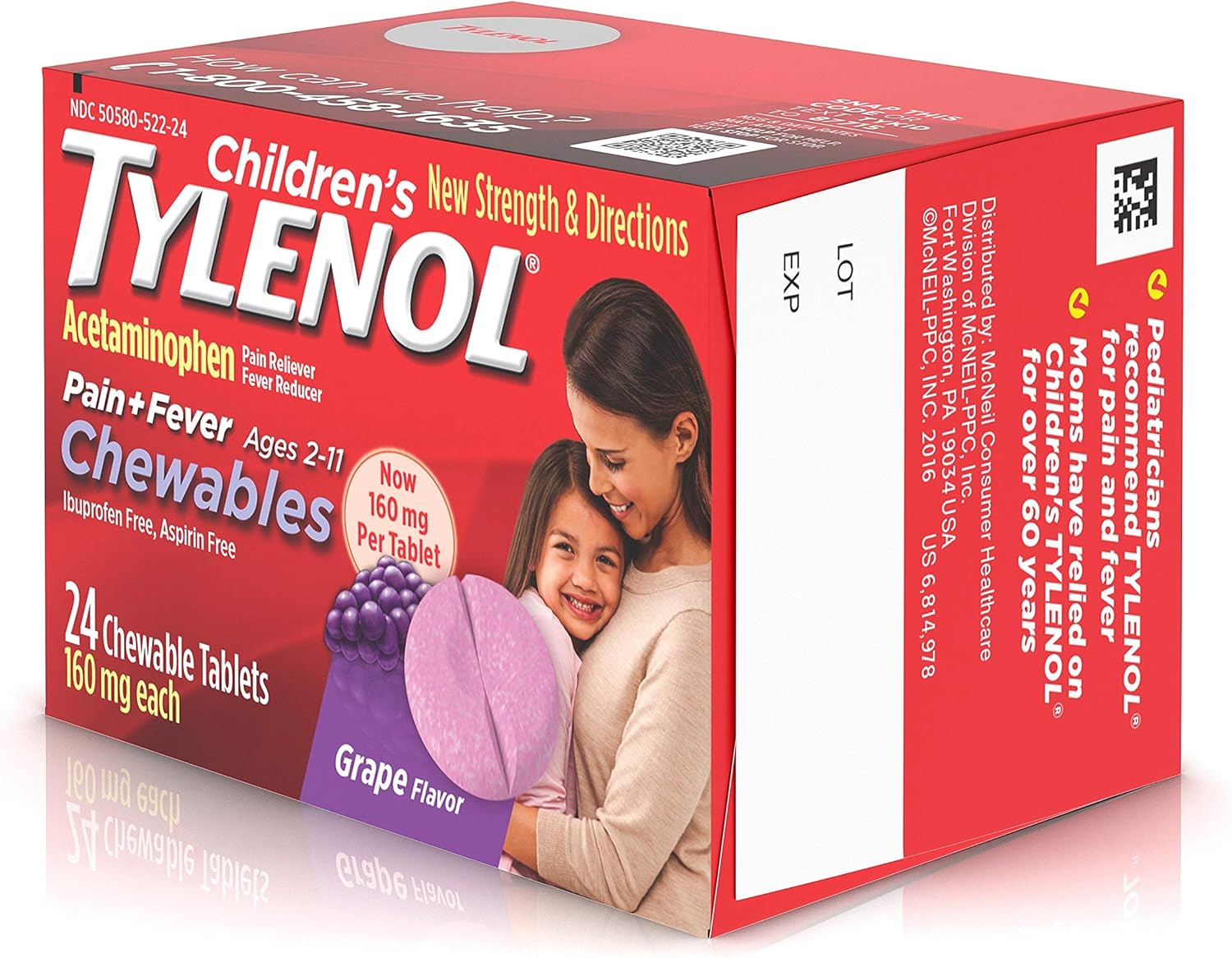 Children's Tylenol Chewables, 160 mg Acetaminophen for Pain & Fever Relief, Grape, 24 ct: Health & Personal Care