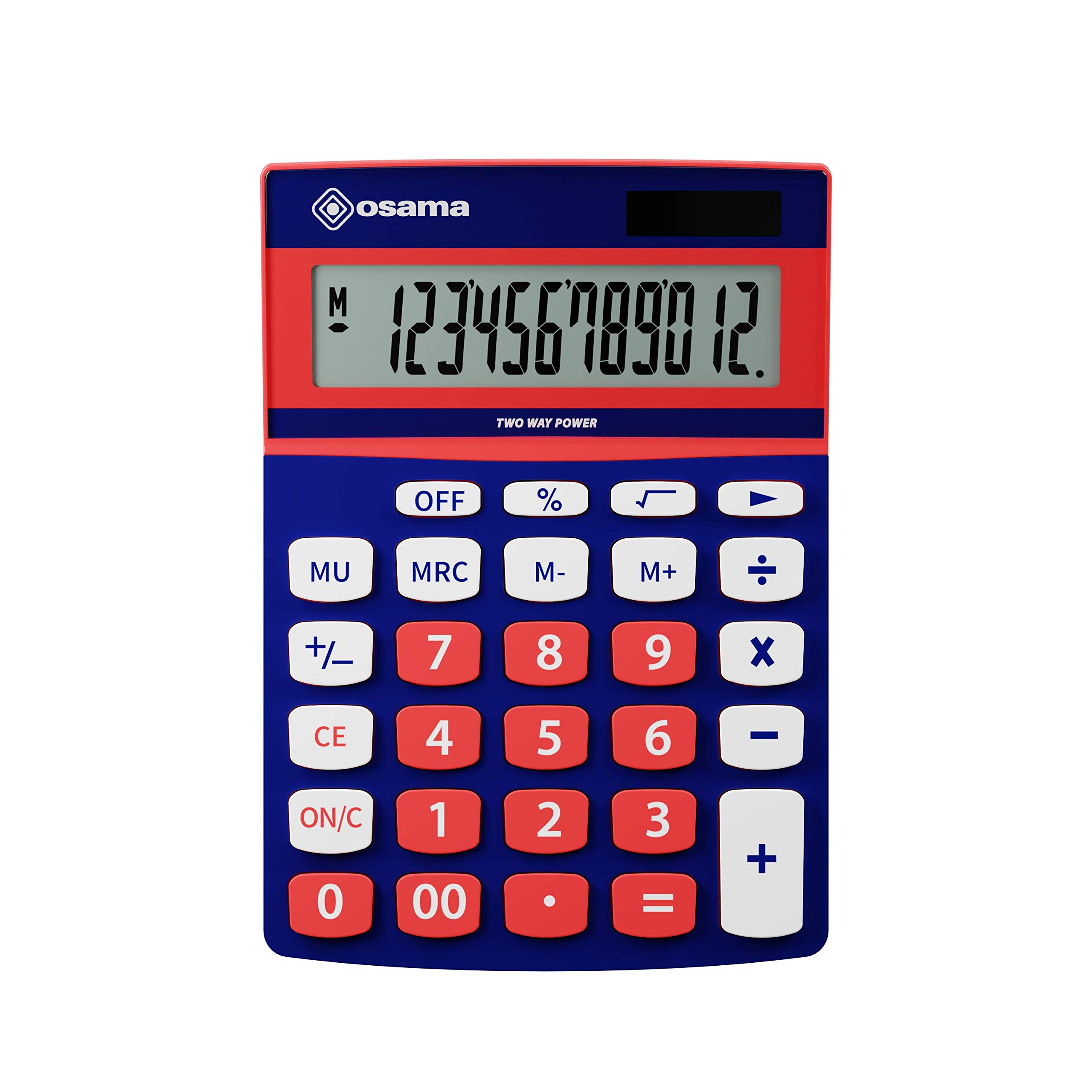 OSAMA - Desktop Calculator for Office with 12 Digits, 3 Memory Keys and Dual Power - Large Professional Calculator with Mark Up for Work and University, 3.5 x 11.5 x 15.5 cm, Blue/Red