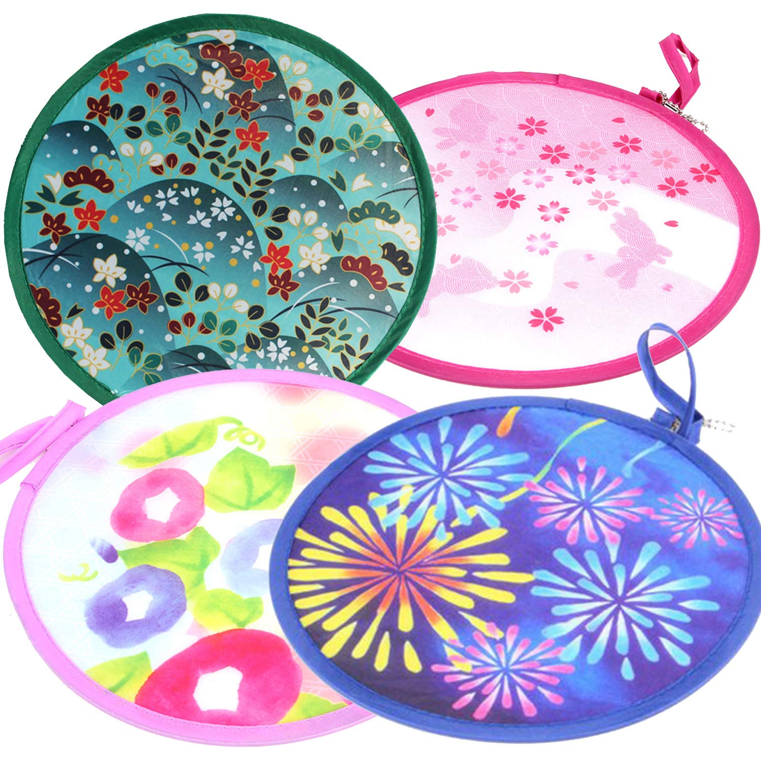 MXY Foldable Fan Japanese Style Summer Handheld Round Folding Fan Beautiful Pattern Festival Decor Wedding Birthdays Home Decoration 4 Units Different Patterns