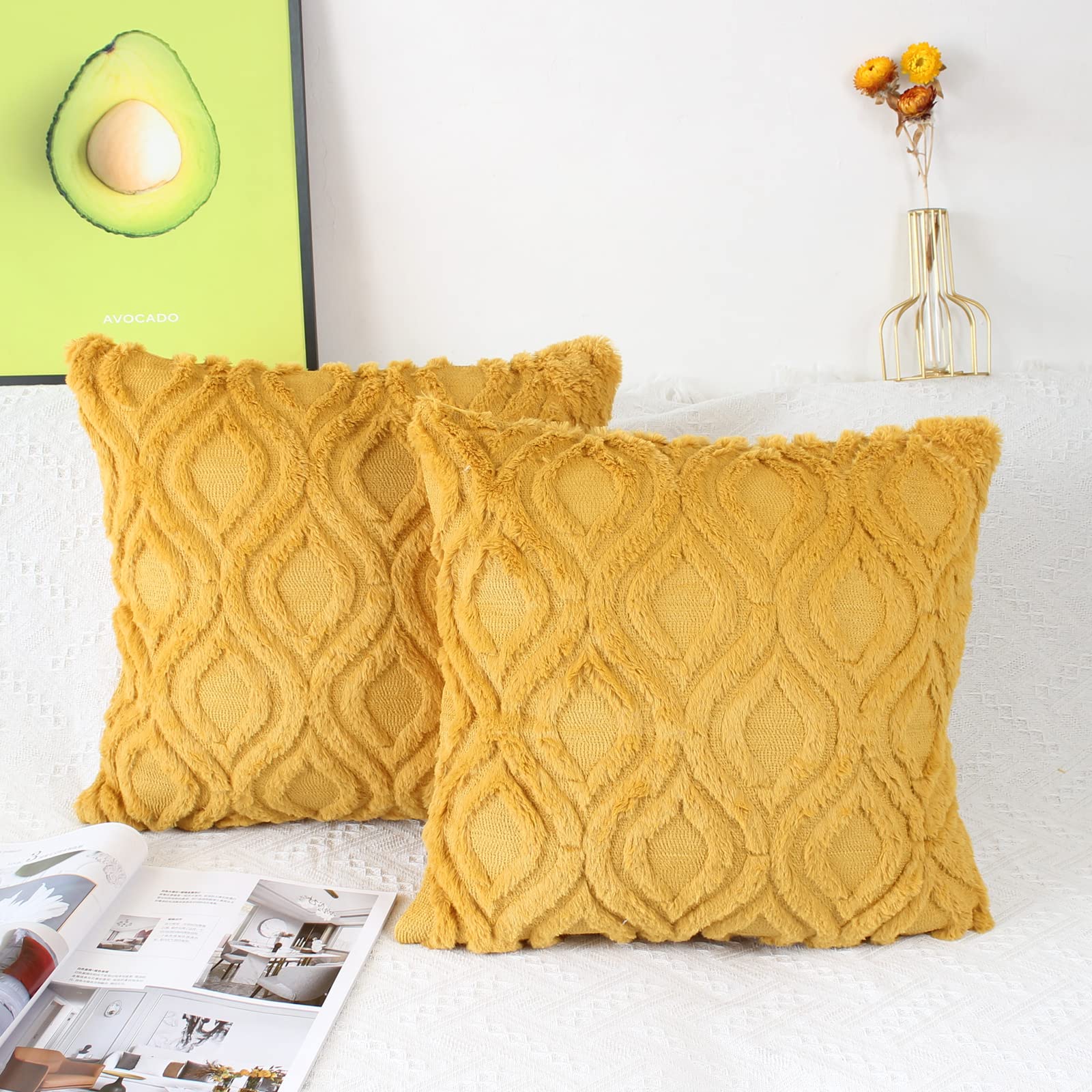 NIULAA Pack of 2 Soft Fluffy Faux Fur Cushion Covers 16x16 Mustard Yellow Embroidered Boho Decorative Throw Pillow Cases Plush Velvet Cushion Cover 40cm x 40cm Sofa Cushions for Living Room — image 1