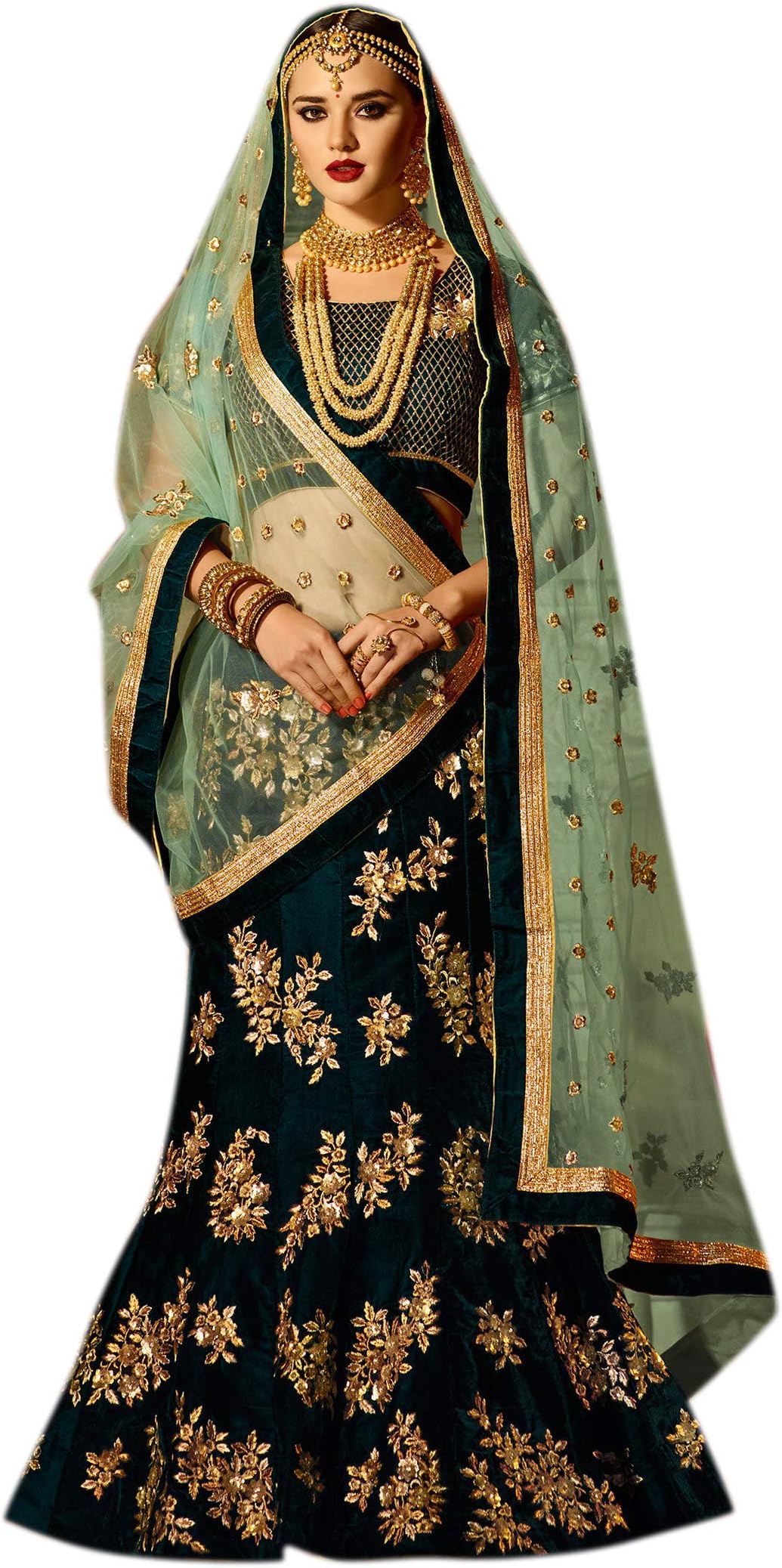 PALKAANO Women's Silk Lehenga Choli (Dark Green, Free Size)