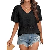 Women Eyelet Ruffle Short Sleeve/Long Puff Sleeve V Neck Floral Top Shirts Hollow Out Crochet Lace Embroidered Blouses