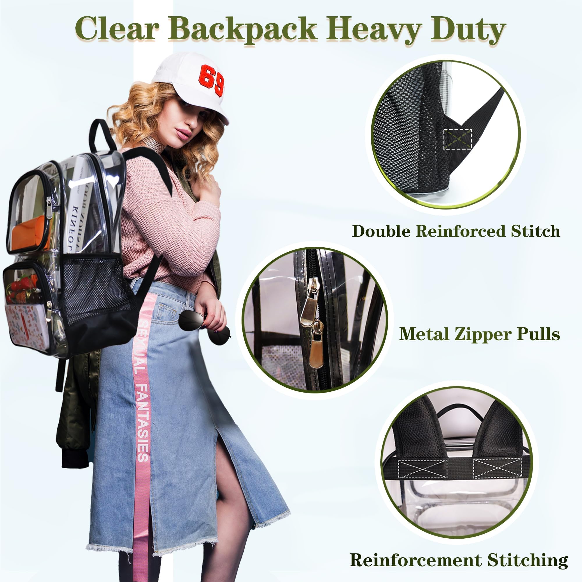 GiMiUiTo Clear Backpack Heavy Duty,17'' Transparent Bag See Through Backpack for College Work Travel Security,Black