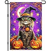 BlissYard Halloween Horror Garden Flag 12x18 Inch Spooky Skeleton Witch Hat Flag Jack O Lantern Flames Outdoor Yard Decor House Banner Porch Lawn Patio Home Decoration