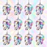 12 Pcs Halloween Disco Skull Ornaments, Disco Ball Skeleton Head Decor | 1.8 x 3.1 Inch Sliver Mirror Glass Hanging Skull Head for Halloween Trees Mantel Home Table Decoration, Spooky Skulls Statues