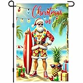 BlissYard Christmas Garden Flag 12x18 Inch Santa Surfboard Tropical Summer Holiday Outdoor Yard Porch Lawn Double Sided Seasonal Banner Decoration Flag