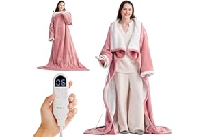 Bedsure Wearable Heated Blanket with Foot Pocket - Electric Snuggle Blanket for Adult with Sleeves, Winter Gifts for Mom Women Girlfriend, Warm Sherpa Heating Throw, Auto Shut Off, 50 x 71+18", Pink