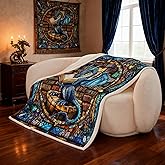 Manfei Western Dragon Kids Throw Blanket,Blue Dragon Reading Book Bookshelf Bed Blanket for Boys Girls,Geometric Patchwork Abstract Fleece Blanket,Trippy Chic Fuzzy Blanket,Twin Size (60 x 80 Inches)