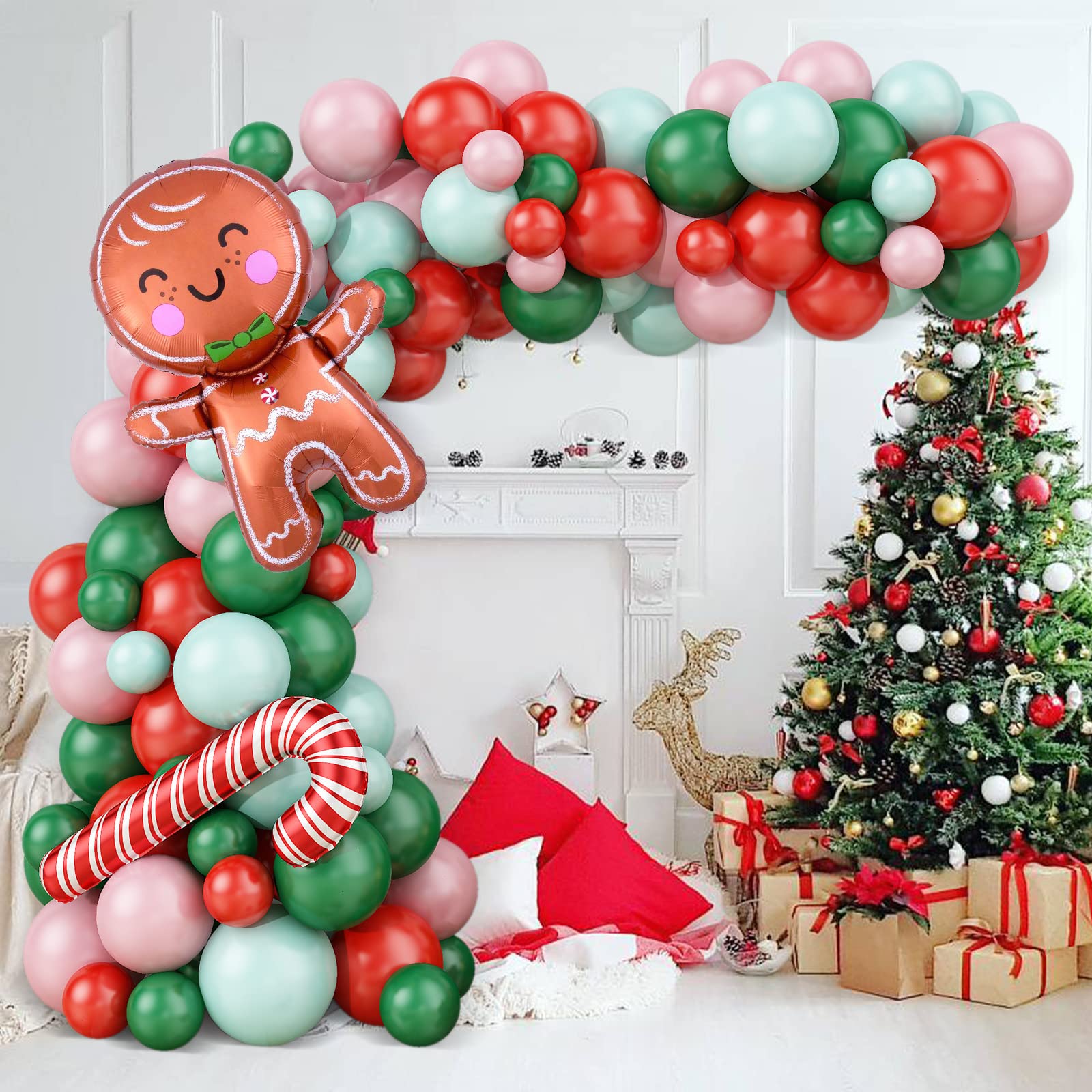 Christmas Balloon Arch Kit, Red Green Pink Christmas Balloons Garland, 82pcs Latex Balloons with Gingerbread Man and Candy Cane Foil Balloons for Christmas Party Holiday New Year Decorations
