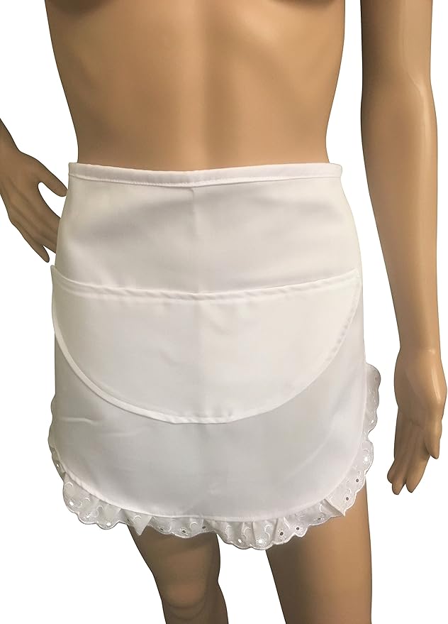 Frilly White Waitress Tea Apron, Traditional Style Half Apron in White