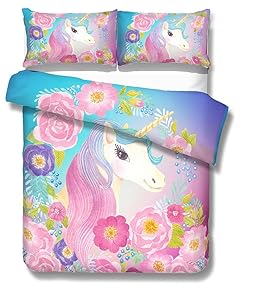 Suncloris, Cooper Girl Unicorn, Bedding Sheet Set. Included: 1 Duvet Cover, 2 Pillowcase (no Comforter Inside) (Queen)