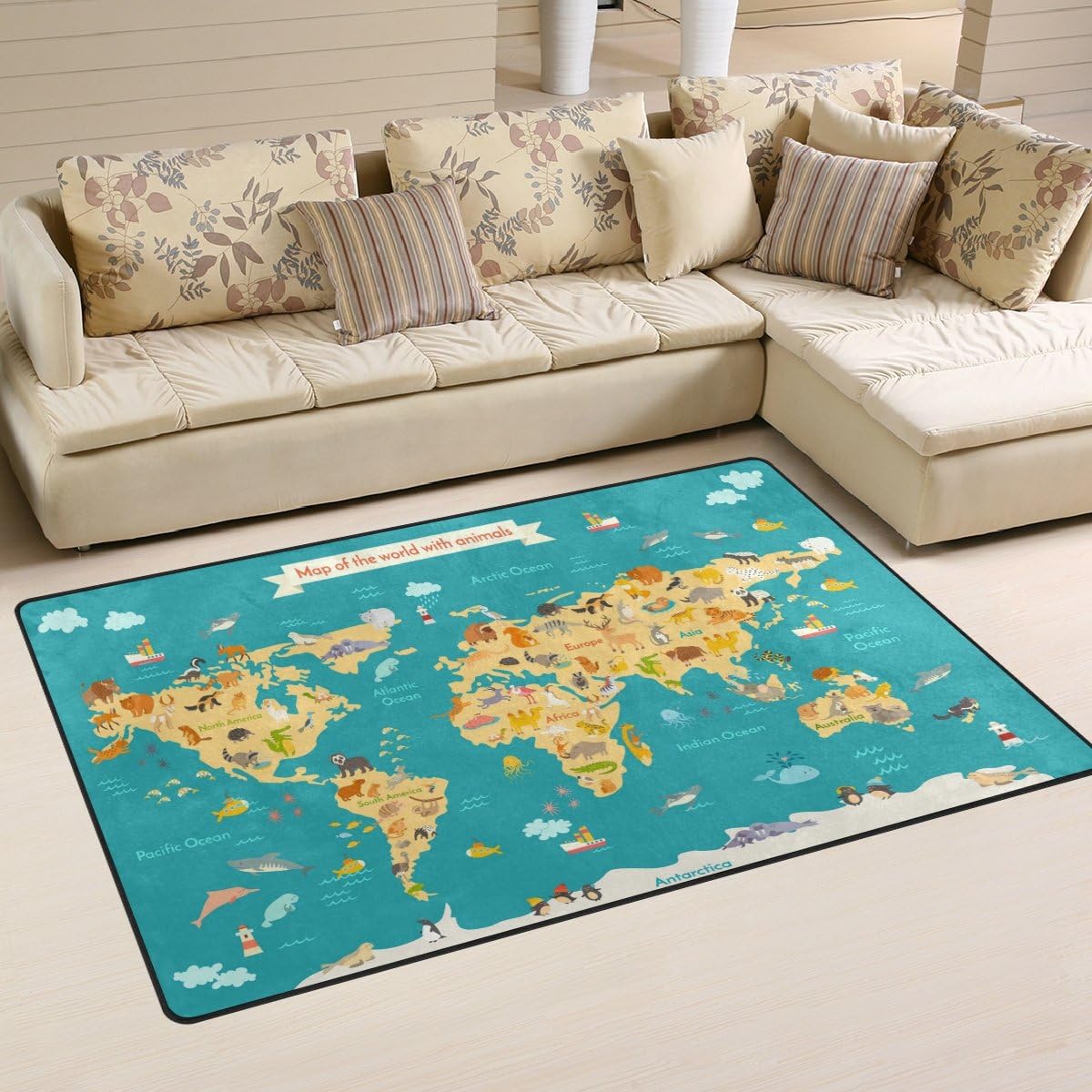 Use7 Animal Kids World Map Area Rug Rugs NonSlip Floor Mat Doormats