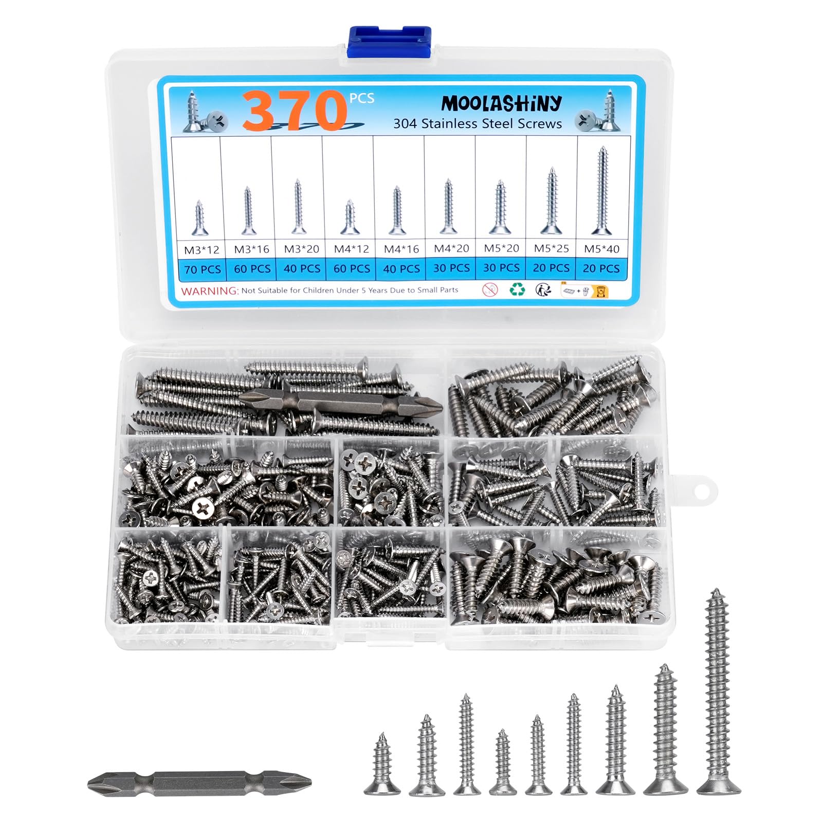 370 Pcs Self Tapping Screws, M3/M4/M5 304 Stainless Steel Wood Screws Assortment, Assorted Wood Screws with Storage Box & Screwdriver Bit for Woodwork