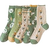 DXYAKY 5 Pairs Vintage Floral Crew Socks for Women, Soft Cotton Embroidered, Cottagecore Ruffle Socks for Casual & Dress Wear