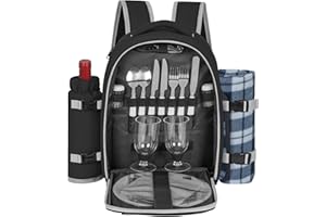 ITHWIU Picnic Backpack for 2 Persons with Insulated Leakproof Cooler Compartment, Cutlery Sets, Wine Holder, Fleece Blanket, Wedding Gifts for Couples, Perfect for Beach, Camping, Hiking, Black